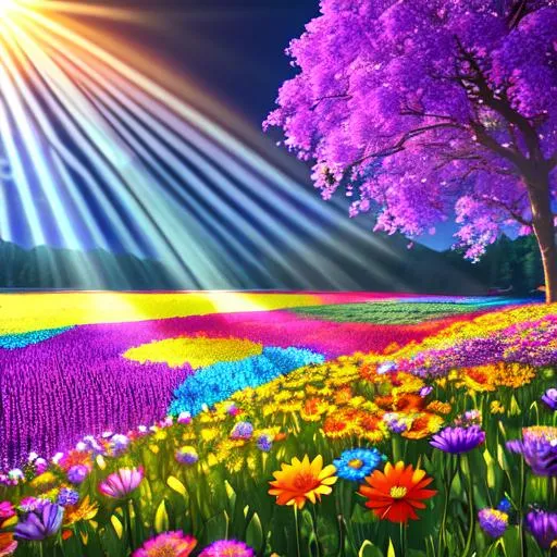 Prompt: Sun rays shining down over a field of multicolored flowers around a Lake, Vivid Colors, hyperdetailed, photorealistic, Beautiful Details, intricate Details, Colorful, Film Quality, 3D, 64K resolution, Dynamic Lighting, Sun Spot, Detailed Flower Peddles.