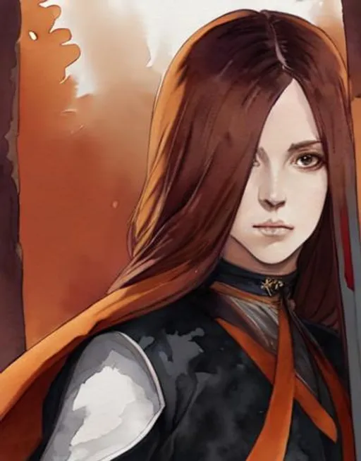 Prompt: Watercolor art, young woman, orange cloak, black pants, long brown hair, holding a dagger