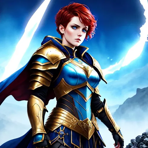 Prompt: watercolor painting of young female warrior in blue heavy combat armor without helmet standing on hilltop made of skulls,
stunning scarred face,
short red hair,
gold armor details,
long black cape,
glowing halo effect,
movie scene,
medium shot,
UHD