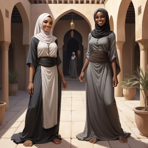 Prompt: Full body, Fantasy illustration of 2 young female maids, one black skinned the other oliv skinned, dark Grey djellaba, friendly expression, smiling, high quality, rpg-fantasy, detailed, in a Arabian style courtyard
