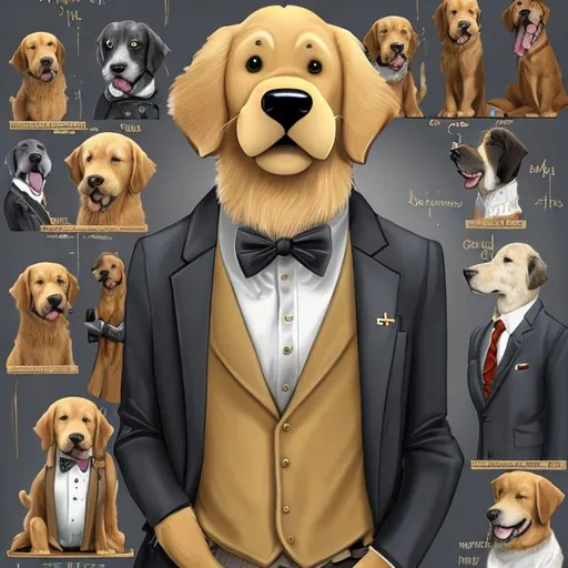 Prompt:  The anthropomorphic big old Golden Retriever dog is Mr. Lucky is  wearing dressed business officer suit for anthro dog, he is highly intelligent dog got 186 IQ, Mr. Bryanne the Anthro St. Bernard, Mrs. Dorothy the Anthro gray cat woman, and young cousin Tron Anthro beagle dog in 21st century london, from Life with Luckiness at Majorly New dreamhouse disney cartoon style