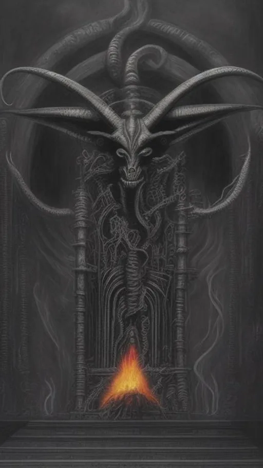 Prompt: baphomet, bio mechanical,giger,cross,pentagram,fire,ruins,tentacles,throne,war,battle