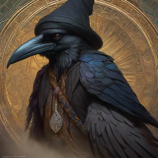Prompt: Three-quarters portrait, ragged wizard raven-folk, kenku, crow humanoid, thug, fantasy, highly detailed, digital painting, underground, black market background, low-lighting, art by Stanley Lau and Artgerm and magali villeneuve and Alphonse Mucha, artstation, octane render, cgsociety, HDR, UHD, 64k, best quality, best quality, masterpiece:1.5)
