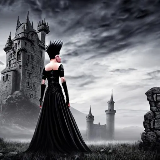 Prompt: Gothic woman, mohawk, standing, Dark castle background 