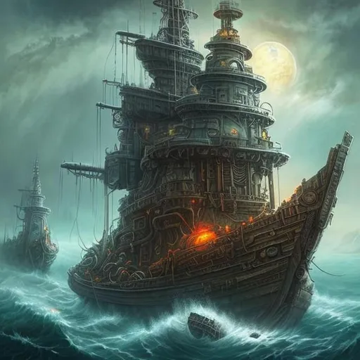 Prompt:  fantasy art style, painting, sea, smog, fog, deep ocean, Norse, Norse mythology, ancient, pirates, pirate ship, dome, glass dome, waves, mist, naval ship, dystopian, warship, biological mechanical war machine, war machine, tubes, pipes, warship, snakes, serpents, eels 