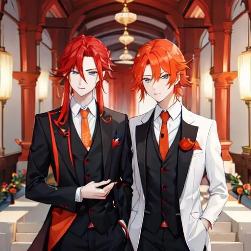 Prompt: Zerif 1male (Red side-swept hair covering his right eye) and Erikku 1male (orange hair, blue eyes) wearing suits at a wedding