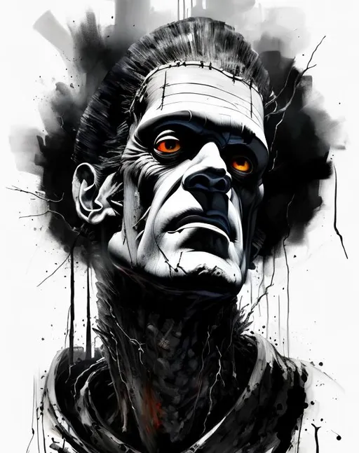 Prompt: Frankenstein negative black and white Speedpaint with large brush strokes by , Junji Ito, Ismail Inceoglu, , Gazelli, M.W. Kaluta, richard anderson, paint splatter, white ink, a masterpiece, 8k resolution, trending on artstation, horror, terrifying, highly detailed and intricate