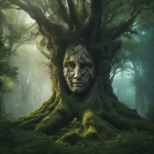 Prompt: tree with a human face in a large ancient forest overgrown with magic ruins ambiance