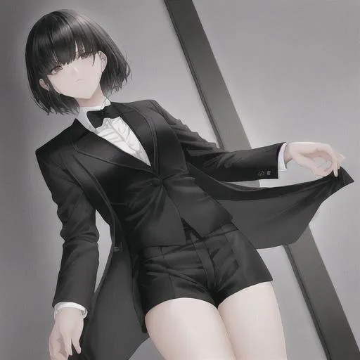 Prompt: Black hair White suit black tie geans shorts dark brown eyes female 17 