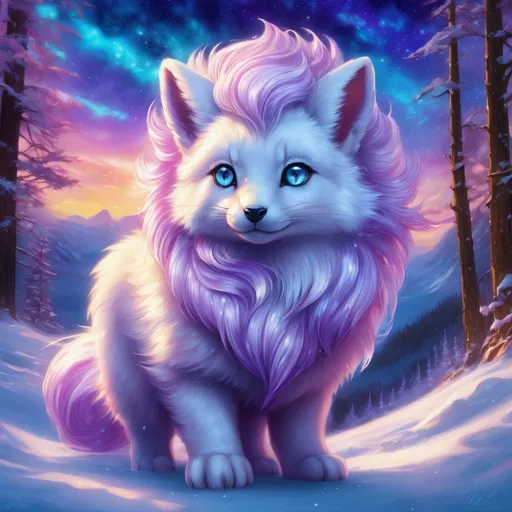 Prompt: {Alolan Vulpix}, gleaming hypnotic {amethyst purple eyes}, frost, ice element, detailed artwork, beautiful oil painting, 64k, detailed background, cosmic auroras, deep starry sky, lush cliffside, snowy mountain peaks, brilliant night sky, big purple ears, big beautiful 8k eyes, mischievous, vivid colors, thick fluffy fur, glowing ice aura, snow princess, bashful rosy cheeks, timid, bright rosy cheeks, thick billowing mane, intricately detailed fur, beautiful detailed eyes, , by Anne Stokes, golden ratio, perfect proportions, vibrant, hyper detailed, complementary colors, UHD, beautiful detailed background