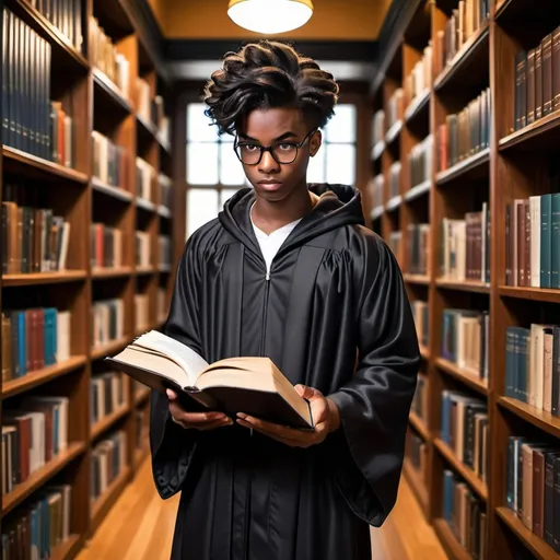Prompt: Magic student, black skin, teenage male, nerd, pointy hair books, nervous expression, medivial style robe, full body, library
