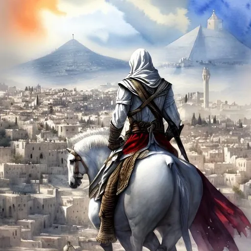 Prompt: watercolor painting of Altair from Assassin's creed 1 on top a white horse looking at Jerusalem from a mountain