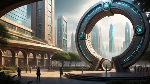 Prompt: magical portal between cities realms worlds kingdoms, circular portal, ring standing on edge, upright ring, freestanding ring, hieroglyphs on ring, complete ring, ancient indus valley architecture, gardens, hotels, office buildings, shopping malls, large wide-open city plaza, turned sideways view, futuristic cyberpunk tech-noir setting