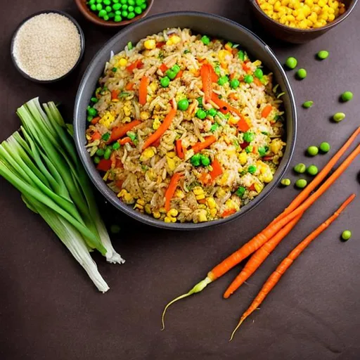 Prompt: Fried Rice, With Carrot, Capsicum, Onion, Peas, and Corn