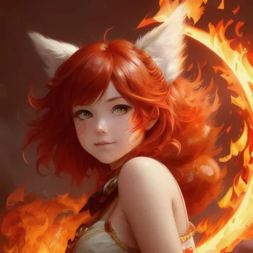 Prompt: Cute, red, fluffy, fire kitten, possessing the element of fire and making circles of fire
 move around in the air in a magical way. Perfect features, extremely detailed, realistic. Krenz Cushart + loish +gaston bussiere +craig mullins, j. c. leyendecker +Artgerm.