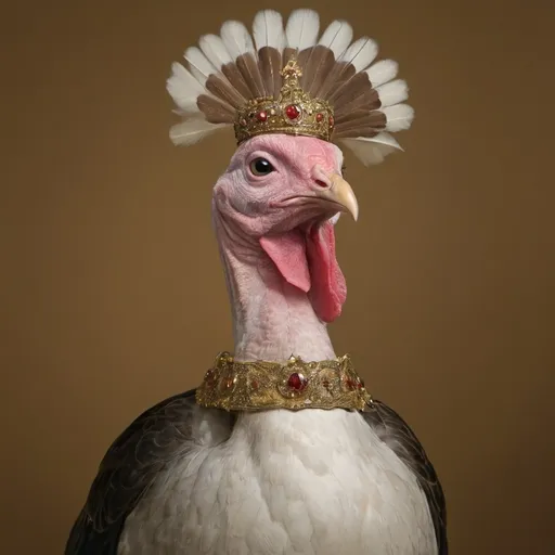 Prompt: A royal portrait of a turkey in crown and robe