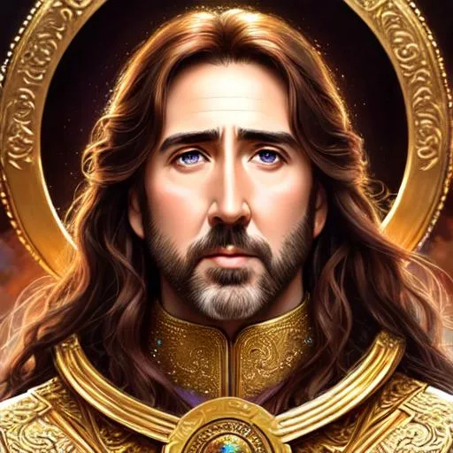 Prompt: Nicholas Cage as a god on a heavenly throne, wavy brown hair, beautiful features, realistic face, hyper realistic, detailed hair, ethereal, medium distance, high quality, impressionist painting, gorgeous hair, 8k, Masterpiece painting, 64k, ultra detailed