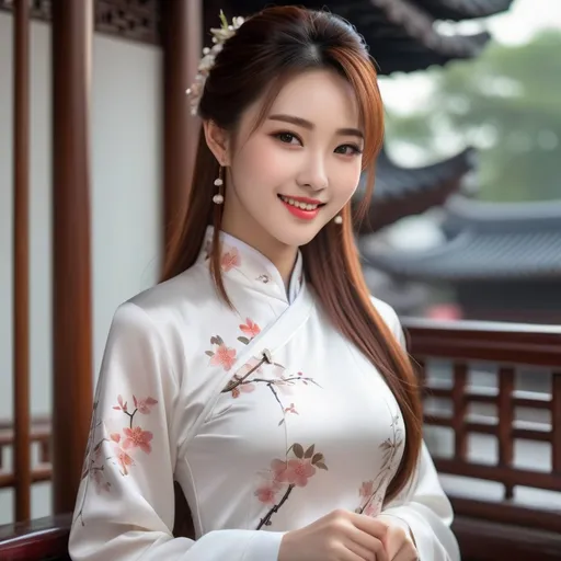 Prompt: Breathtakingly beautiful smiling Chinese girl , delicate features,  long straight auburn hair , elegant white qipao , 8K , ultrarealistic , insane details ,