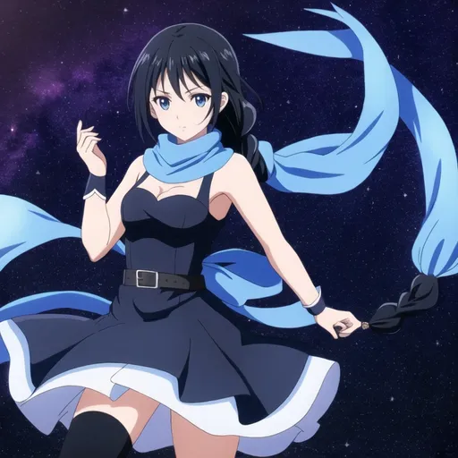 Prompt: Magical girl. Scorpio, black hair. Braid. Blue sleek dress. Scarf