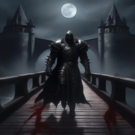 Prompt: imagine a fantasy art of a big hulking black knight in a figth with two black figures, one of of then ressembles a nosferatu, in a medieval Praga, at the moonlight, in a big bridge, the floor is painted in blood, in a masterpiece, ultra REALISTIC, SCENIC theatrical shot 