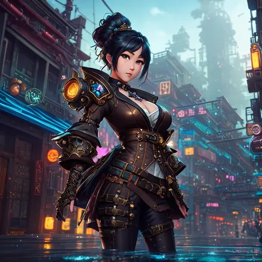 Prompt: steampunk asian girl, splash art, front, wearing body accessories, epic Instagram, artstation, street alley, neon lights, nightfall, hyperdetailed, intricately detailed , unreal engine, fantastical, intricate detail, splash screen, complementary colors, concept art, 8k, deviantart masterpiece, oil painting, heavy strokes, splash arts