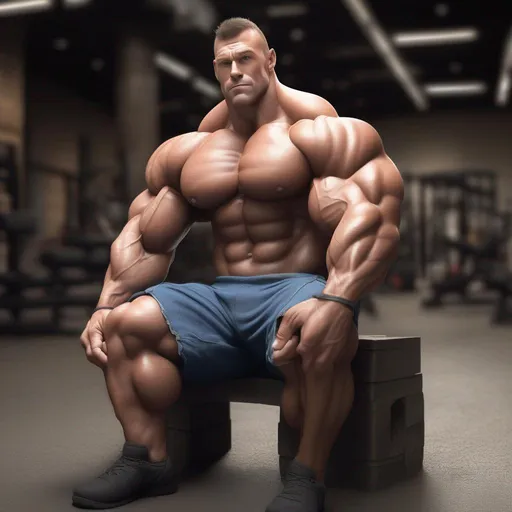 Prompt: Giant bodybuilder, big beefy muscles, rugged and handsome, muscle morph, muscle growth, high resolution, realistic, flexing giant muscles, sitting down, giant expansive chest, big thick beefy legs, bulging arms, tight bulging abs
