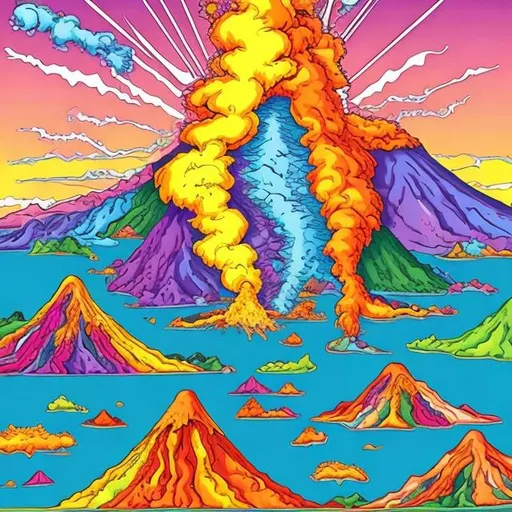 Prompt: Volcanoes erupting in the style of Lisa frank