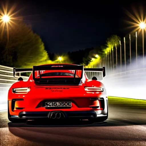 Prompt: Porsche GT3 car taking a corner at the Nurburgring at night, intense, racing, brake light trail, headlight trail, long exposure,
