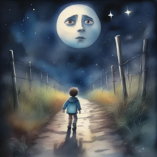 Prompt: mid-shot, ground view, DOF, Boy with cute boy face walking down a narrow path, colorful art by Tim Burton, Gloomy Star filled night sky, moon, full body, extremely detailed, very attractive, beautiful, award winning, high definition, crisp quality, watercolor and ink wash, victoria francis, art by Konstantin Makovsky, scott wills