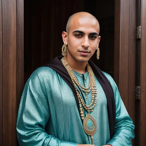 Prompt: A lifelike foto of an arab male young adult who is a merchant in space. His garments are peacock colored garments, he has a bald shaven head and wears feminin makeup. He wears big round earrings and a wooden necklace