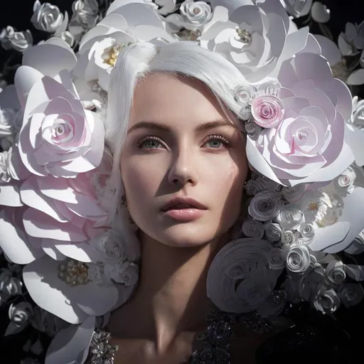 Prompt: realistc woman in white dress with white platinum hair. Serene expression. Around white and pink roses, quilling. White backgroung. An intricate detailed white 3D paper patchwork, quilling intricate details 