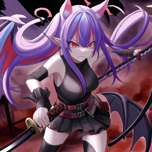 Prompt: Haley  as a demon (multi-color hair) (multi-color eyes)(she has horse ears) holding a katana, fighting, in a gunfight, bullets flying, fighting in a rural area, angry, demon tail, demon wings