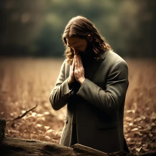 Prompt: realistic portrait of Christ praying in Gethsemani, hide face, woods, ideal human, photography, natural light, somber background, photo