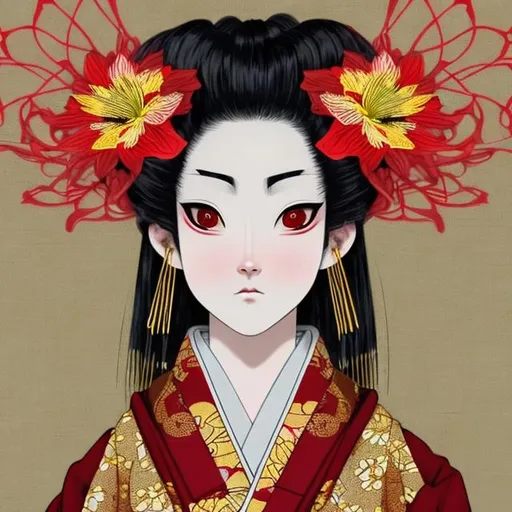 Prompt: High quality portrait of a Japanese Oiran. He has pale skin and a large scar on his forehead which resembles fire. His hair is black and fades to red. Hair is decorated with gold hairpins. He wears simple-patterned kimonos that are red. He wears a blue spider lily on his left ear and wears a beautiful green obi patterned with black squares to make a checkered pattern.