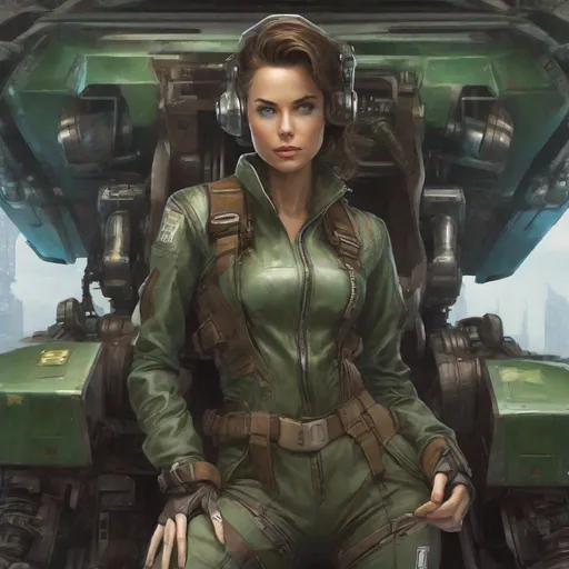 Prompt: photograph a futuristic woman mech pilot, she is athletic, looks like grace kelly, brunette hair, blue eyes, wears a (brown leather corset:1.7), cropped green jacket, camo fatigue pants, combat boots, she stands in the cockpit of a pacific rim jaeger mech, metal gear, robot jox, influenced by Greg Rutkowski, craig mullins, sergio toppi, beksinski, jeremy mann, influenced by pre-raphaellite, magic realism