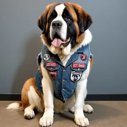 Prompt: st bernard wearing a heavy metal music denim vest with patches 
