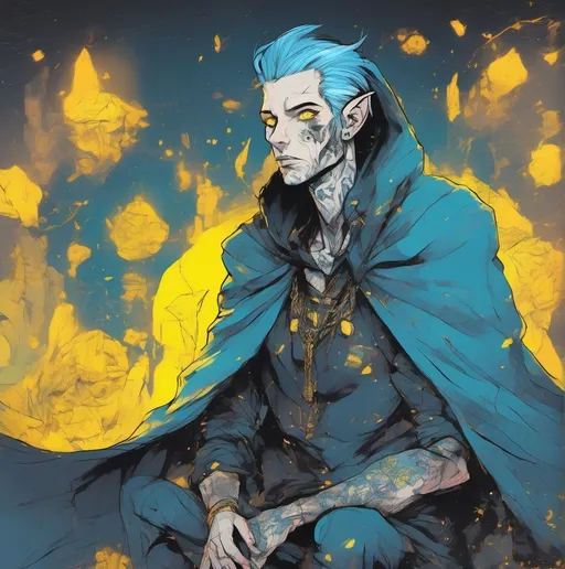 Prompt: a creature that looks like a handsome, young man, but has grey skin, long, blue hair, yellow glowing eyes and tattoos all over his body, wearing a long, black cloak