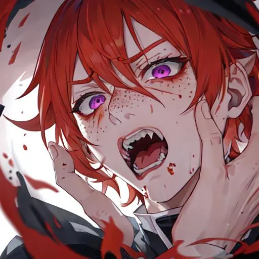 Prompt: Erikku male adult (short ginger hair, freckles, right eye blue left eye purple) UHD, 8K, Highly detailed, insane detail, best quality, high quality, covered in blood, covering his face with his hand, wide eyes, insane, fear, threatening, laughing, angry, fighting, psychopathic, anime style