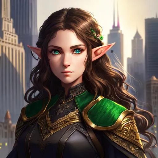 Prompt:  detailed fantasy character portrait, highly detailed, cinematic lighting, digital painting, concept art, sharp focus, full character view, illustration, very detailed, detailed face, female elf, she has wavy brown hair, she has green eyes, she is very beautiful, she is wearing modest black v neck top,  modest black skirt, she is standing in Chicago city.