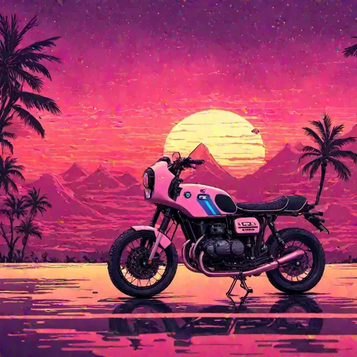 Prompt: Bmw r100, synthwave, outrun, sunset, pyramids 