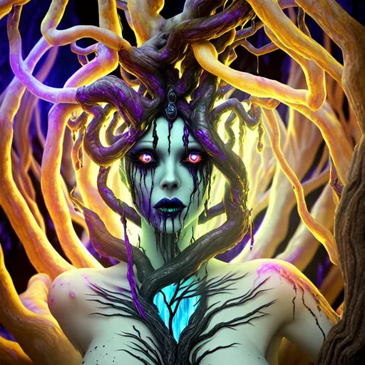Prompt: Horror, psychedelic, twisted, 3D HD dramatic cinematic lighting [({one}{Goddess}Sorceress) wearing  liquid coal], expansive magical liquid tree psychedelic background, hyper realistic, 8K --s98500
