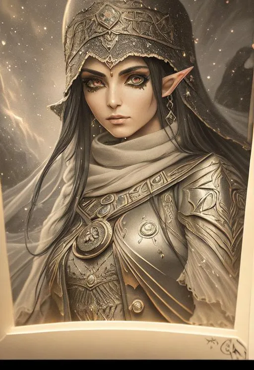 Prompt: Turkish Woman with elf ears + Full HD render + immense detail + dramatic lighting + well lit + black, character sheet, + fine esoteric symbolism | ultra - detailed realism, soft cinematic lighting, high - quality, engraved | highly detailed |digital painting, artstation, concept art, smooth, sharp focus, Nostalgic, ethereal, nebula, 8k, hyper detailed, intricate detail, photorealistic, space void galaxy universe