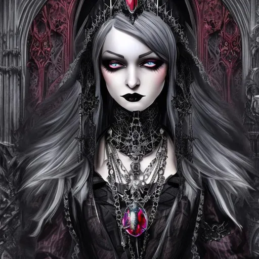 Prompt: Gothic black queen with silver hair and hyper detailed jewels
