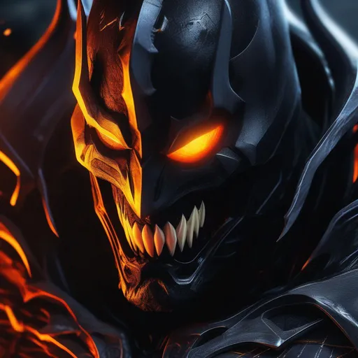 Prompt: a death knight with a Venom mouth (Venom movie), with horns forward on his forehead, orange fire eyes, next to Batman from DC comics, Hyperrealistic, sharp focus, Professional, UHD, HDR, 8K, Render, electronic, dramatic, vivid, pressure, stress, nervous vibe, loud, tension, traumatic, dark, cataclysmic, violent, fighting, Epic