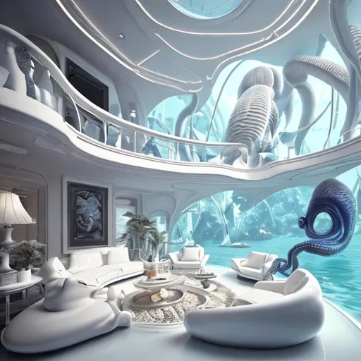 Prompt: a living room filled with lots of white furniture, under water deep sea laboratory, stunning render, curved perspective, floor to ceiling window, scuba mask, 3d printed building, trending on pinterest，maximalist, inspired by Enguerrand Quarton, cephalopod, dubai, unreal engine 5 - w 1024