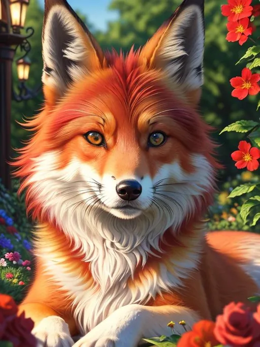 Prompt: (3D, 8k, masterpiece, oil painting, professional, UHD character, UHD background) Portrait of Vixey, Fox and Hound, brilliant red fur, brilliant amber eyes, big sharp 8k eyes, sweetly peacefully smiling, detailed smiling face, extremely beautiful, ,enchanted garden, vibrant flowers, vivid colors, lively colors, vibrant, high saturation colors, flower wreath, highly detailed fur, highly detailed eyes, highly detailed defined face, highly detailed defined furry legs, highly detailed background, full body focus, UHD, HDR, highly detailed, golden ratio, perfect composition, symmetric, 64k, Kentaro Miura, Yuino Chiri, intricate detail, intricately detailed face, intricate facial detail, highly detailed fur, intricately detailed mouth