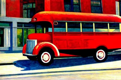 Prompt: Edward hopper style bus side view
red
