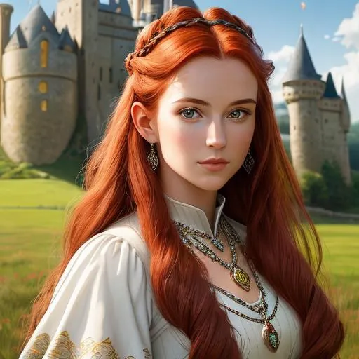 Prompt: (masterpiece), (extremely intricate:1.3), (realistic), portrait of a girl,  dark red hairs, dragon bread hairstyle, silver necklace with opal pendant, the most beautiful in the world, (medieval armor), metal reflections, upper body, outdoors, intense sunlight, far away castle, professional photograph of a stunning woman detailed, sharp focus, dramatic, award winning, cinematic lighting, octane render  unreal engine,  volumetrics dtx, (film grain, blurry background, blurry foreground, bokeh, depth of field, sunset, motion blur:1.3), chainmail