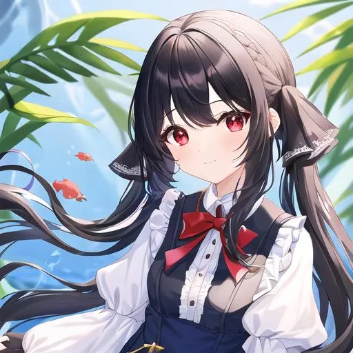 Prompt: (aquarium) , masterpiece:1.3), (1girl:1:5), charming, long hair, black hair, pigtails, red eyes, flat, dress, UHD, Highly Detailed face, cute, happy, illustration, absurdres, highres, extremely detailed, eye highlights, upper body, fluttering ribbon, Depth of field, (Blue fog:1.3)
