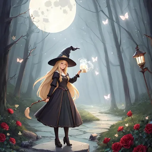 Prompt: witch with long blonde hair, brewing potions in a cauldron, wearing witch hat, cute, roses, aesthetic, fairycore, disney, pixar, moon, stars, butterflies, witchcraft, in a starry dark sky, beautiful, walking in a forest, sweet, dreamy, rpg, sci-fi, award winning illustration, artstation, highres, 8K, unreal engine